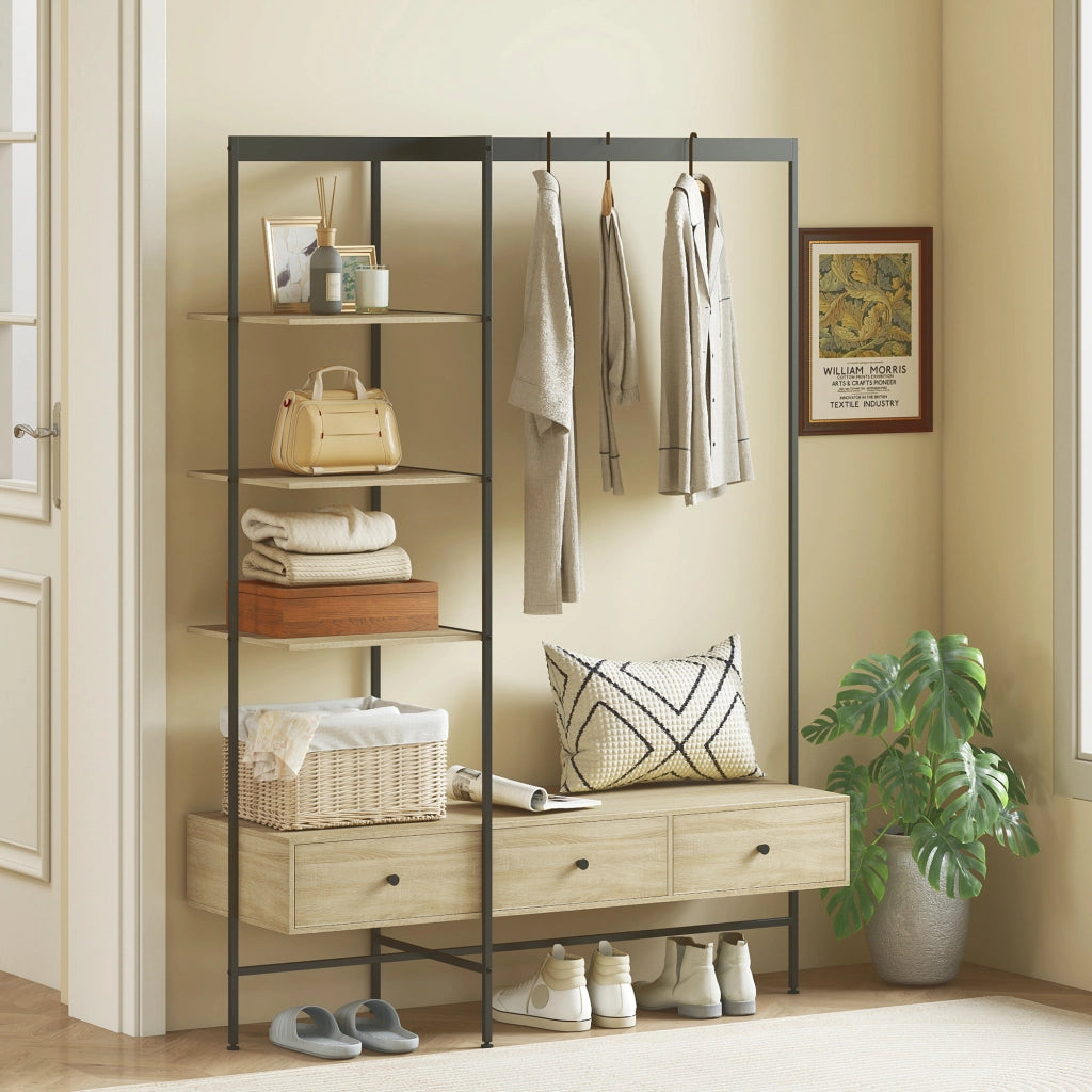 Guardaroba a colonna con scaffali, cassetti e appendiabiti ¨C zephmum ¨C quercia 180x45x180 cm
