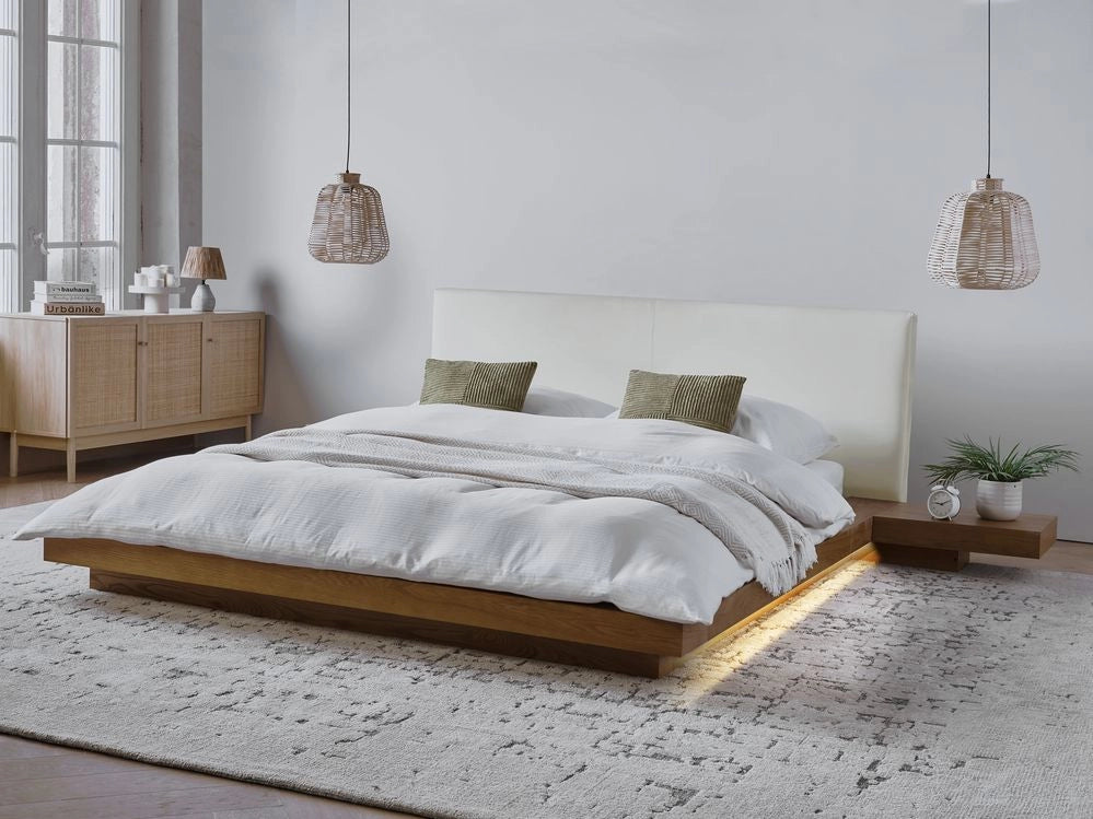 Letto LED in stile giapponese in frassino naturale 160 x 200 cm testata in legno impiallacciato MDF testata in ecopelle camera da letto