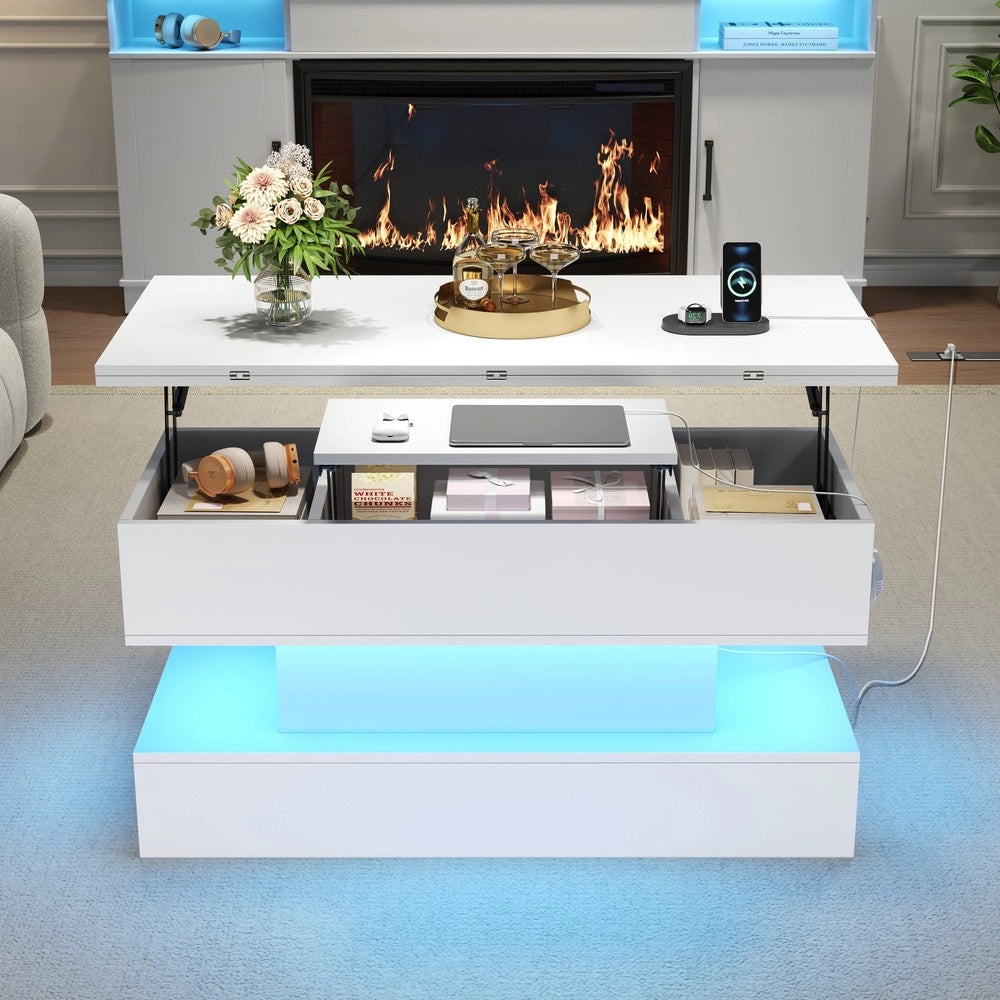 Tavolino da Caff¨¨ con LED e Presa USB ¨C MINIMAL ¨C Bianco, Piano Alzabile, 100x50x51.5