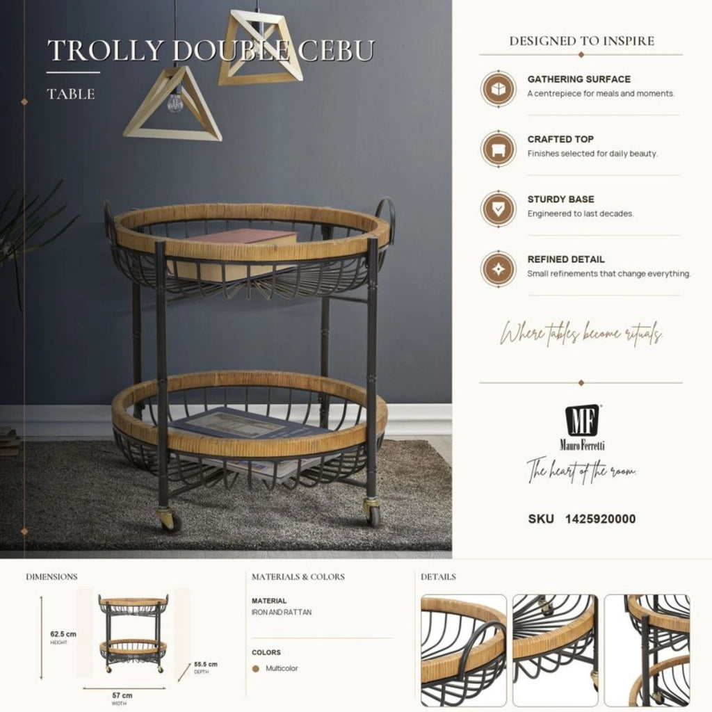 Carrello Cebu a doppio cestino in ferro e rattan con ruote — 57x55,5x62,5 cm