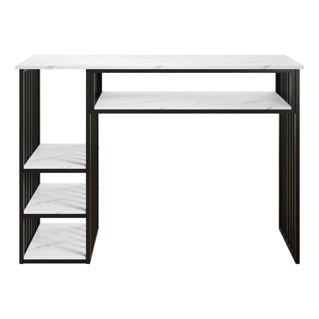 Bartisch con vano portaoggetti 140x40x105 cm, piano in MDF effetto marmo e struttura in metallo