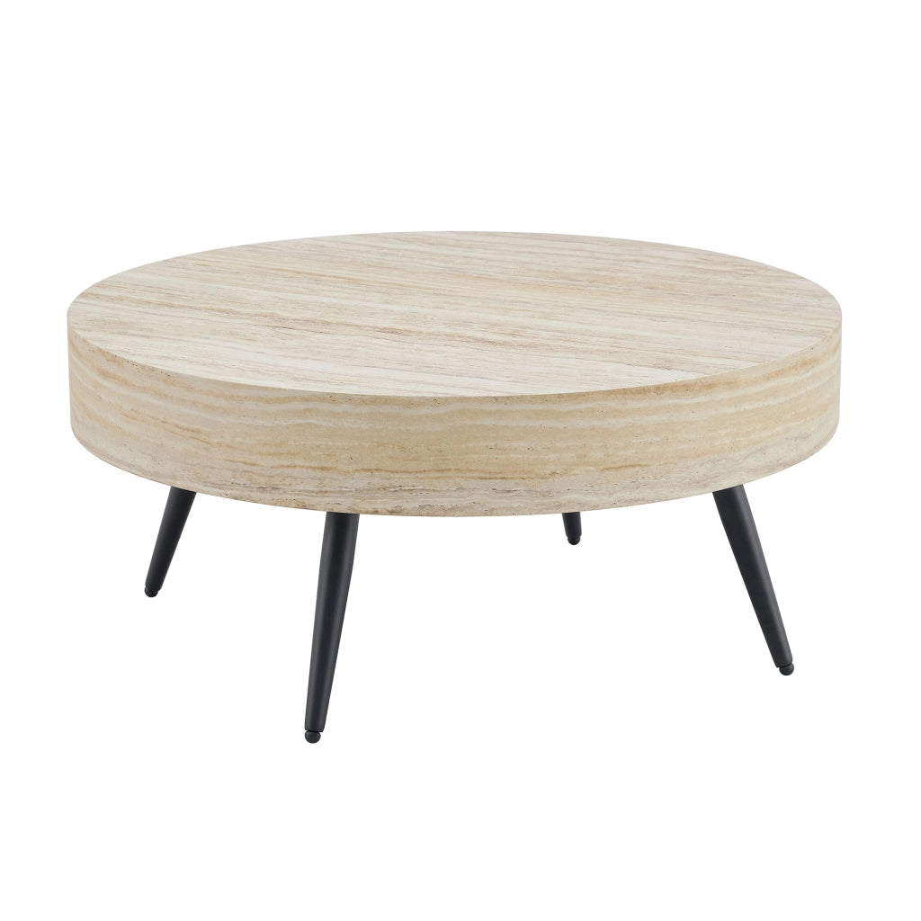 TAVOLINO DA CAFFÈ Rotondo 70 cm MDF effetto travertino chiaro, gambe nere