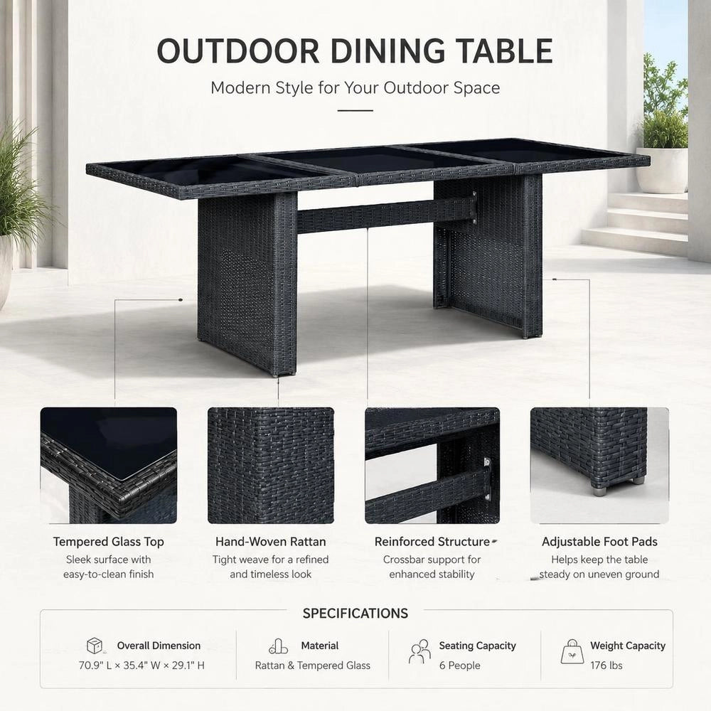 Garden Table Dark Grey Poly Rattan And Tempered Glass