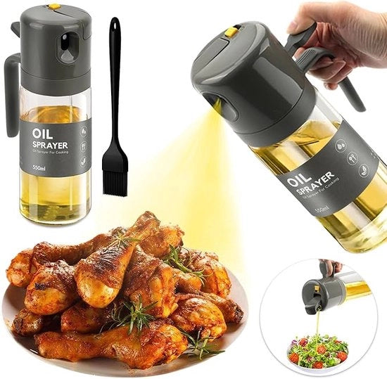 Spray per cucina, 550 ml, olio di cucina, flacone di vetro, 2-in-1, spruzzatore con spazzola per cucina, spray per olio di oliva per cucina, griglia, insalata (grigio)