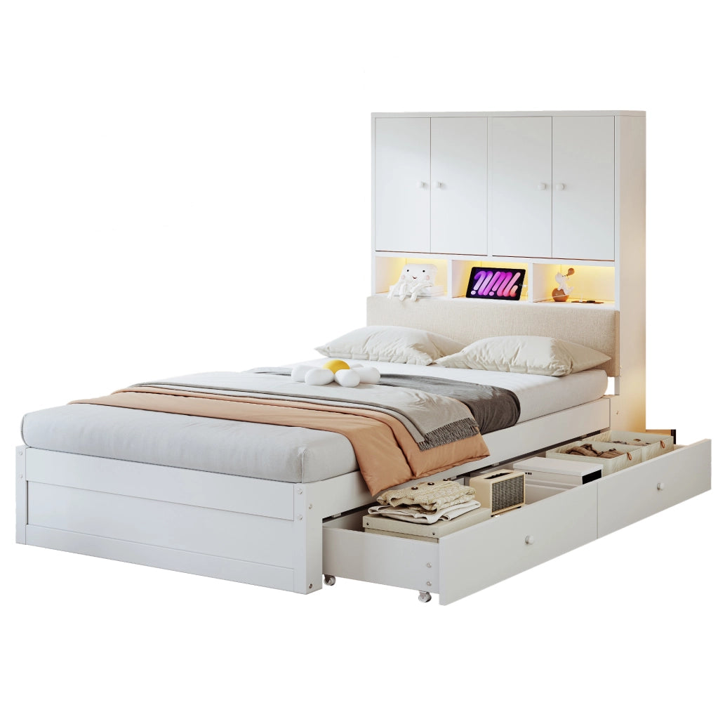 Letto singolo multifunzione 90x200 cm con LED e cassetti bianco