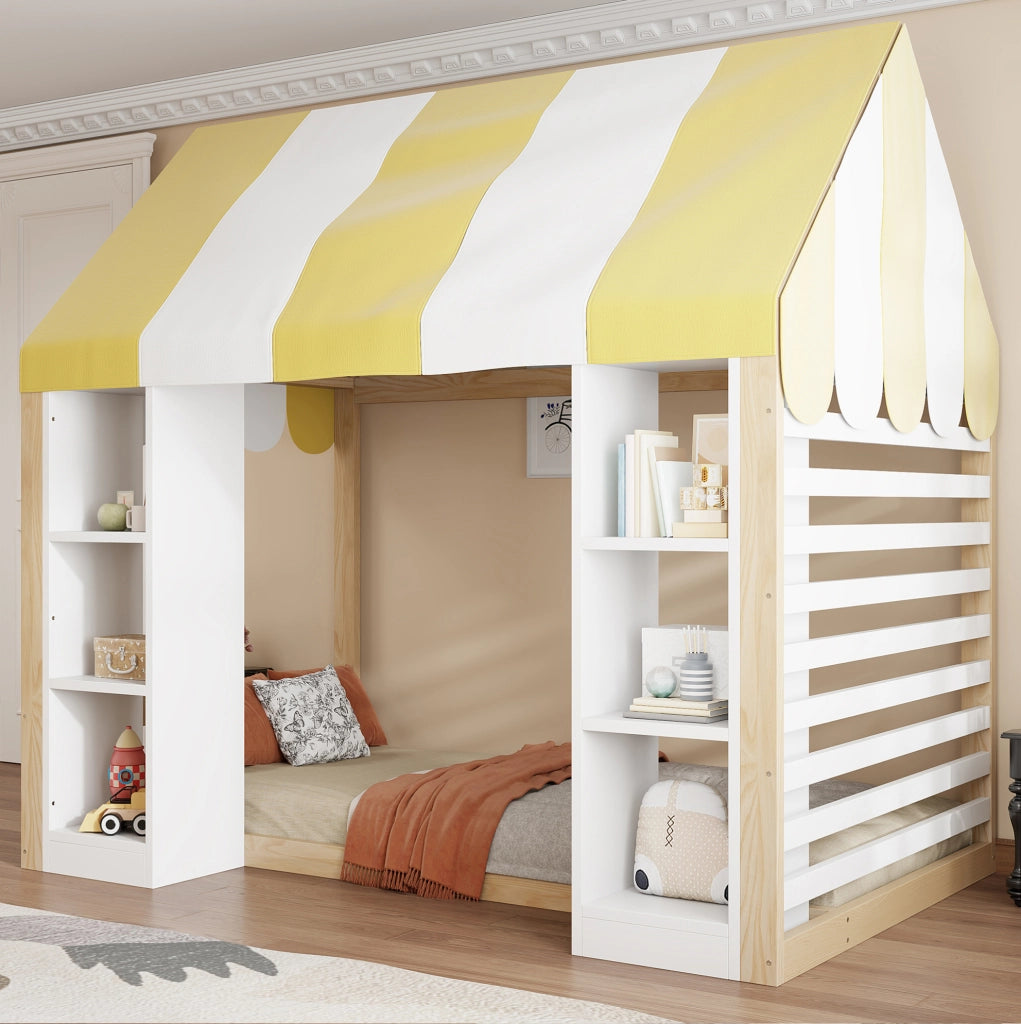 Letto bambini 90x200 cm con baldacchino e vani portaoggetti; bianco e colore naturale