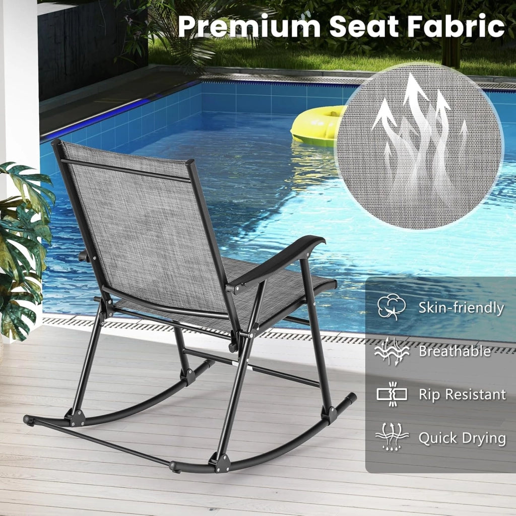 Set Sedie a Dondolo da 2 Pezzi, Poltrone a Dondolo Pieghevoli con Schienale e Seduta Traspiranti, Struttura di Metallo, Portata Massima 150 kg, Sedie Portabili per Patio, Piscina, Spiaggia
