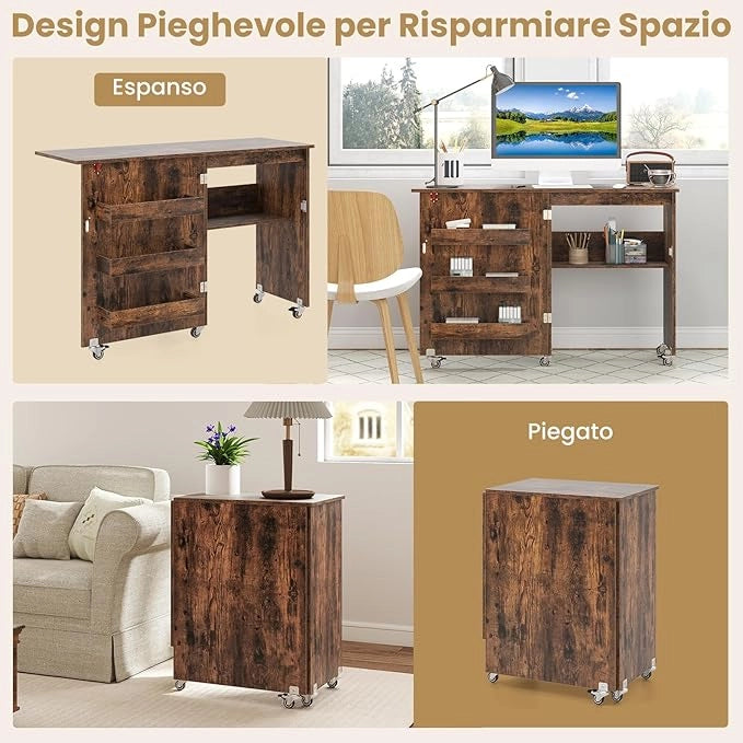 Tavolo da Cucito Pieghevole, Mobile per Macchina da Cucire con Ripiano Portaoggetti, 3 Scomparti Nascosti e Ruote Bloccabili, Mobile Multiuso per Piccoli Spazi (Marrone, 118,5 x 40 x 79,5 cm)