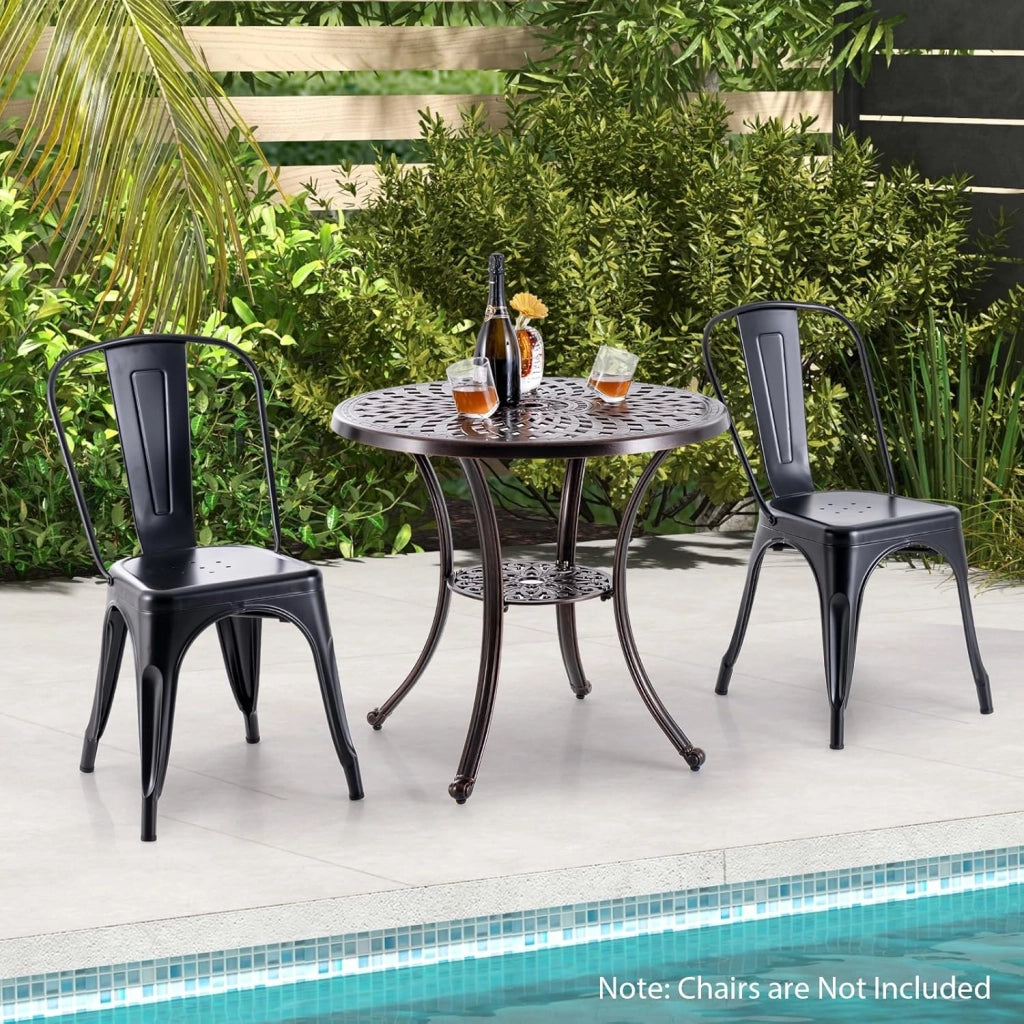 Tavolo da giardino rotondo con foro per ombrellone, tavolo da balcone con ripiano inferiore e piedini regolabili, tavolo da bistrot con alluminio pressofuso, tavolo da pranzo per balcone