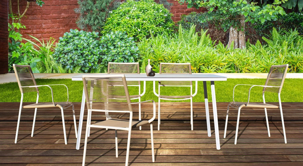 Tavolo da Giardino 150x90x72 cm in Acciaio e Vetro Temperato Bianco