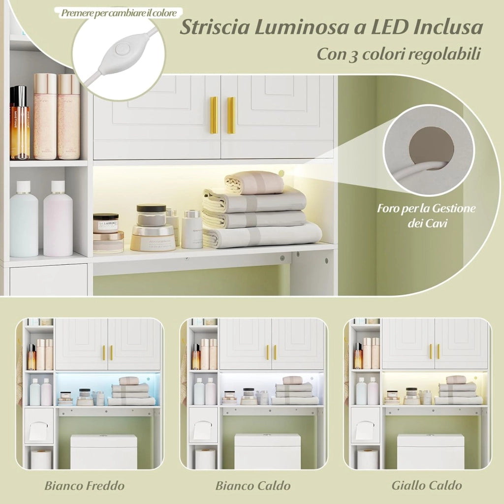 Mobile da Bagno Sopra WC, Scaffale Salvaspazio con Armadietto a 2 Ante, 6 Scomparti Aperti, Porta Fazzoletti, Gancio e Ripiano Regolabile, Mobiletto per Bagno e Lavanderia (Bianco)
