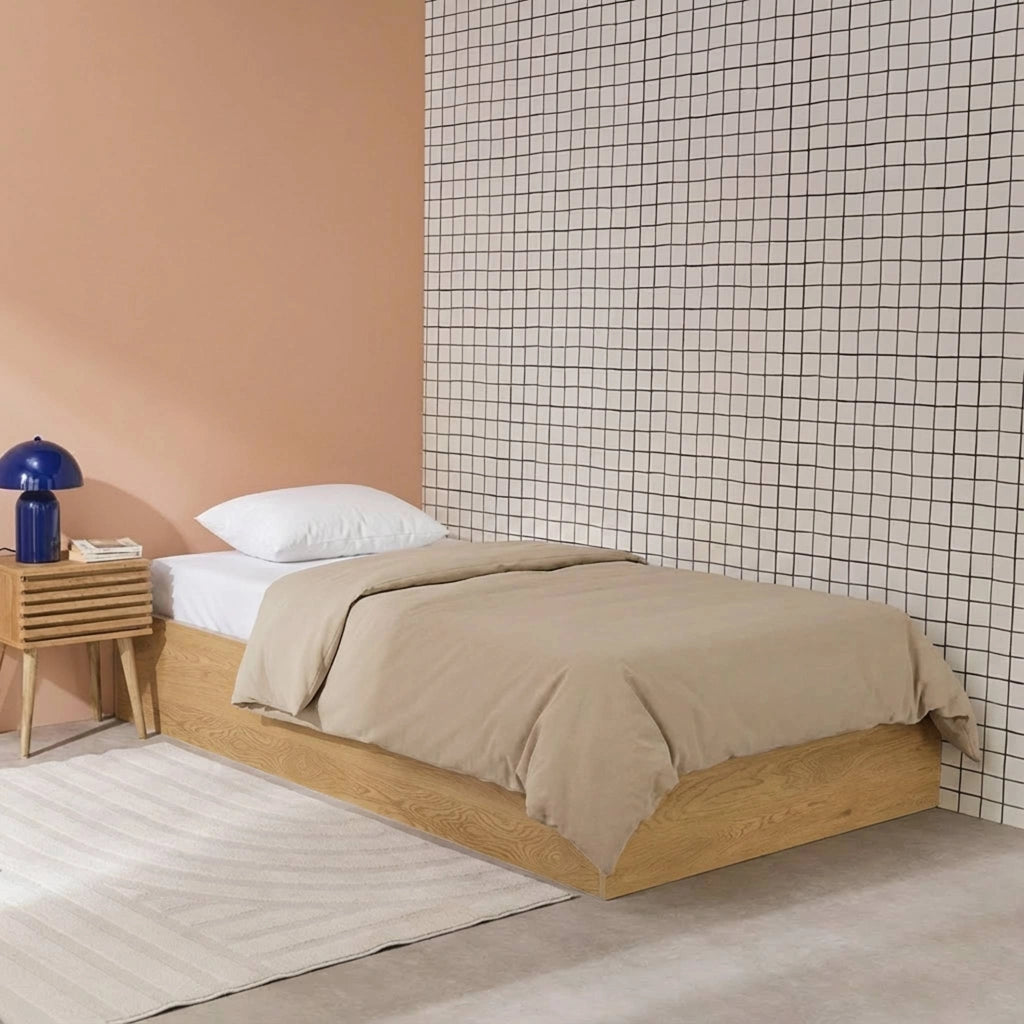 Letto contenitore con rete a doghe 90x190cm decorazione legno, quercia