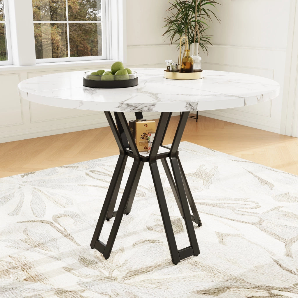 Tavolo da pranzo per 4 persone con piano in MDF effetto marmo e gambe in metallo, per soggiorno, nero, 100 × 100 × 76 cm