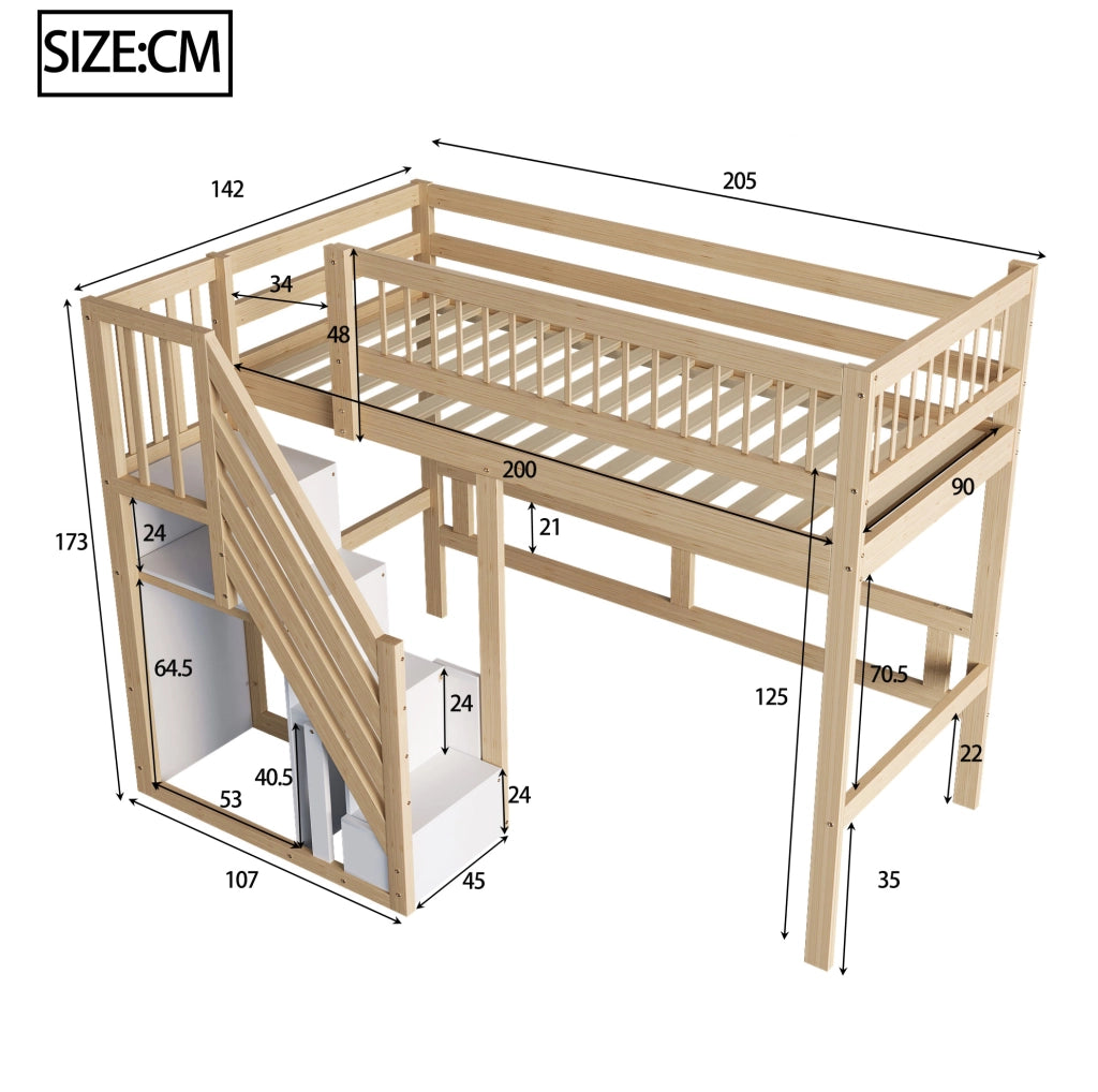 Letto a soppalco 90x200 cm con scala contenitore in legno colore naturale