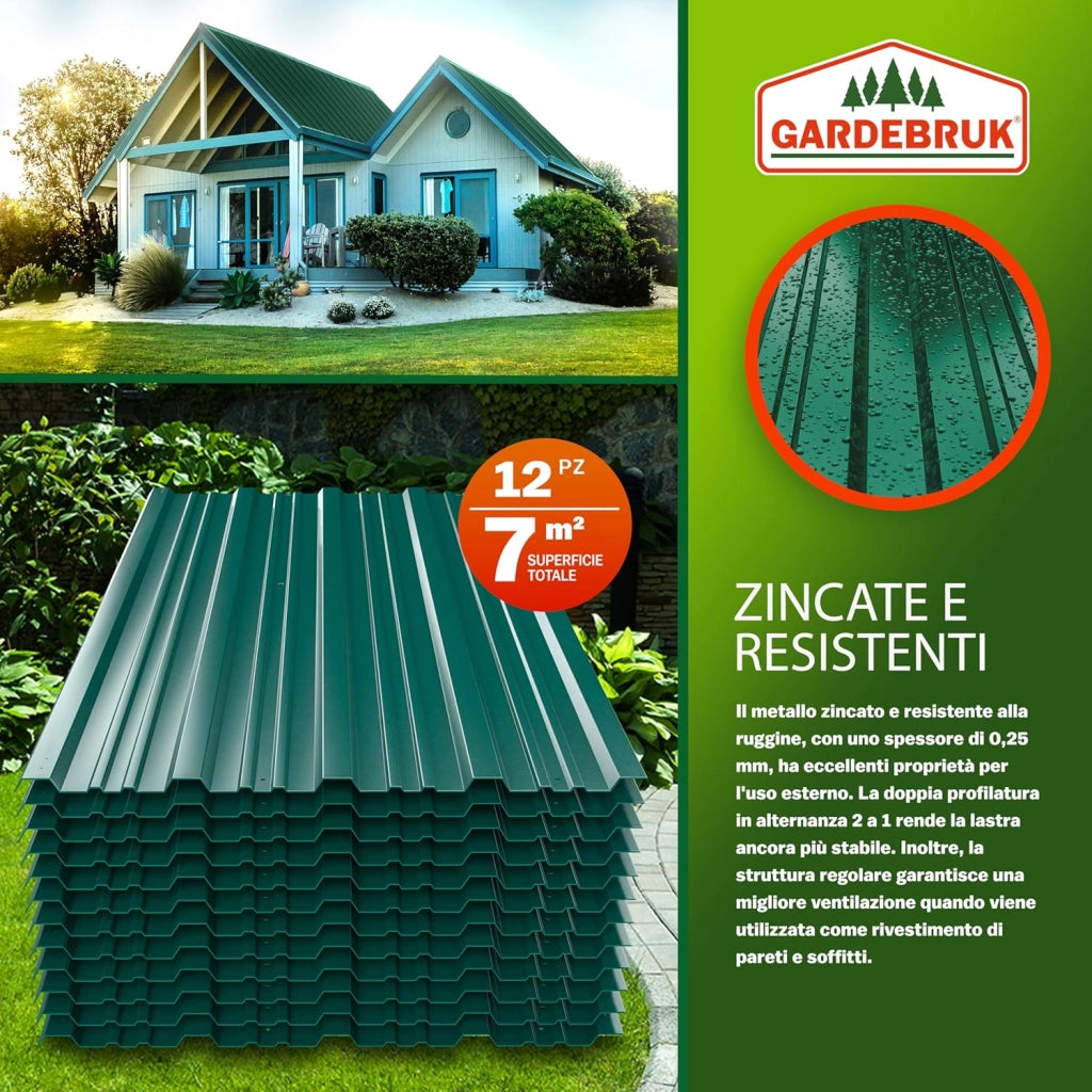 12x Lamiere Zincate Profilate 129cm x 46cm = 7m² Lastre Trapezoidali Pannelli Copertura in Metallo Tetto Tettoia Lamiera Grecata Onduline Verde