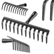 Rastrello per foglie in acciaio KADAX a 10 denti, senza manico, per terra ed erba.