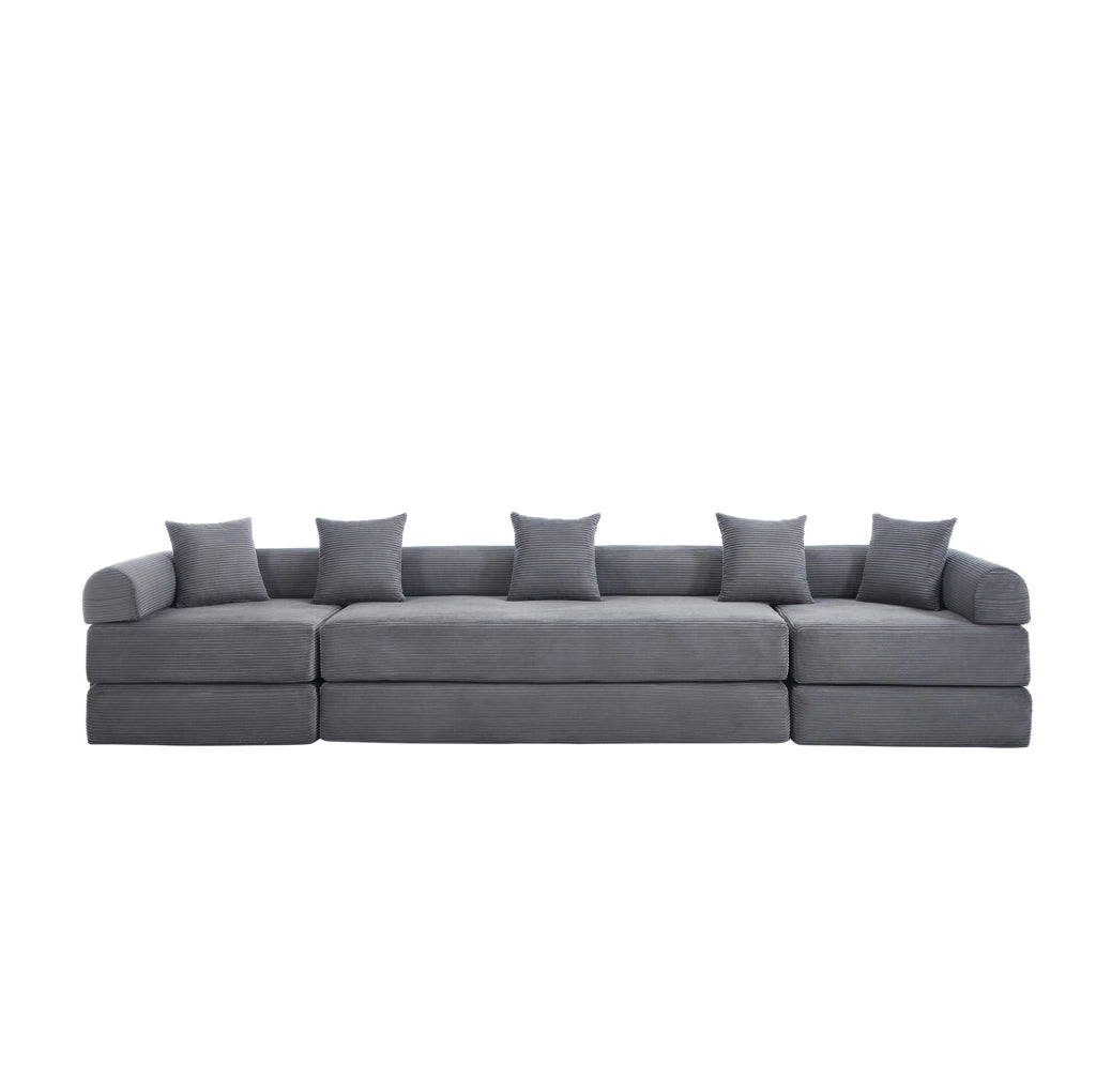 Divano modulare 270x180x64 cm con tasca laterale e funzione letto; corduroy grigio scuro