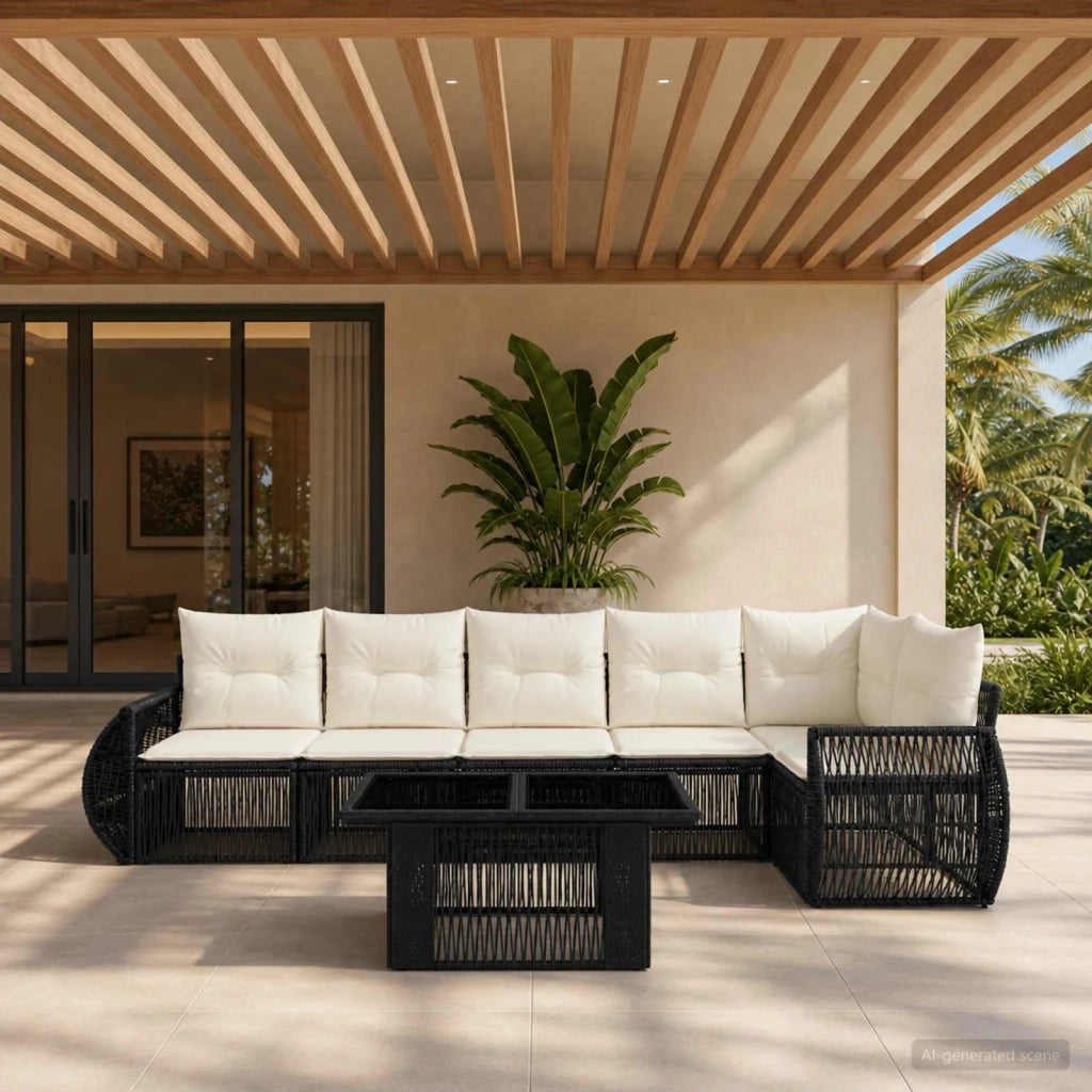 Set Divano da Giardino 7 pz Nero e Bianco Crema polyrattan 3436945
