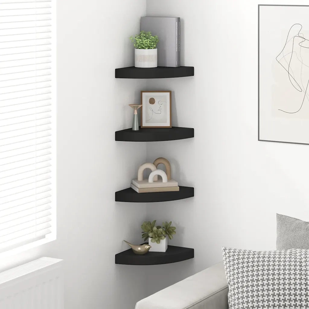 4 pz Scaffali Angolari a Parete | Mensola sospesa Neri 25x25x3,8 cm in MDF