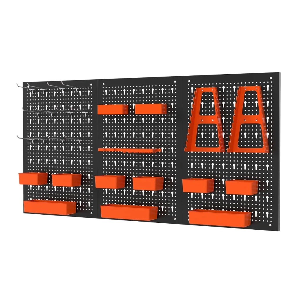 Versatile organizer da parete 120 x 60 x 2 cm con 26 moderni e pratici accessori portaoggetti in metallo nero e arancione 20_0012942
