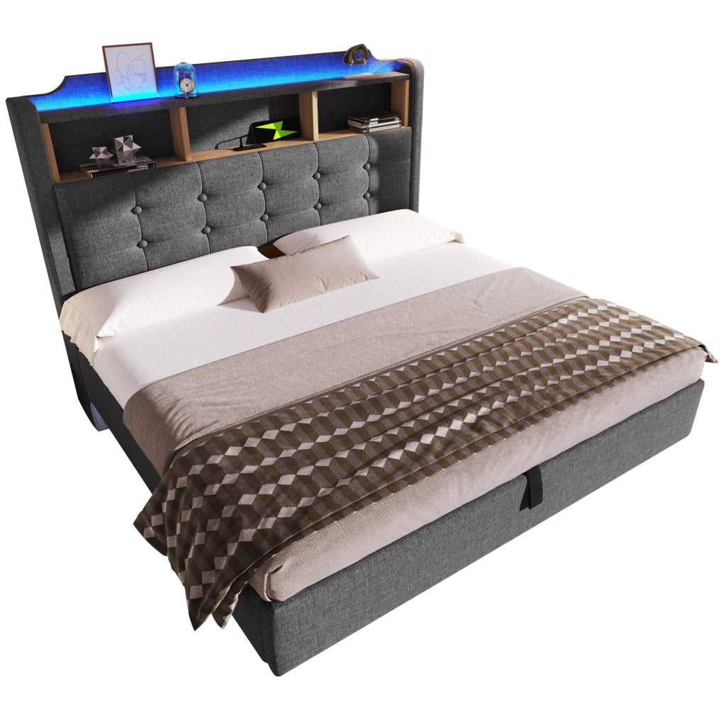 Letto imbottito 140x200 cm con LED; contenitore idraulico; USB e Type-C; lino e MDF; grigio