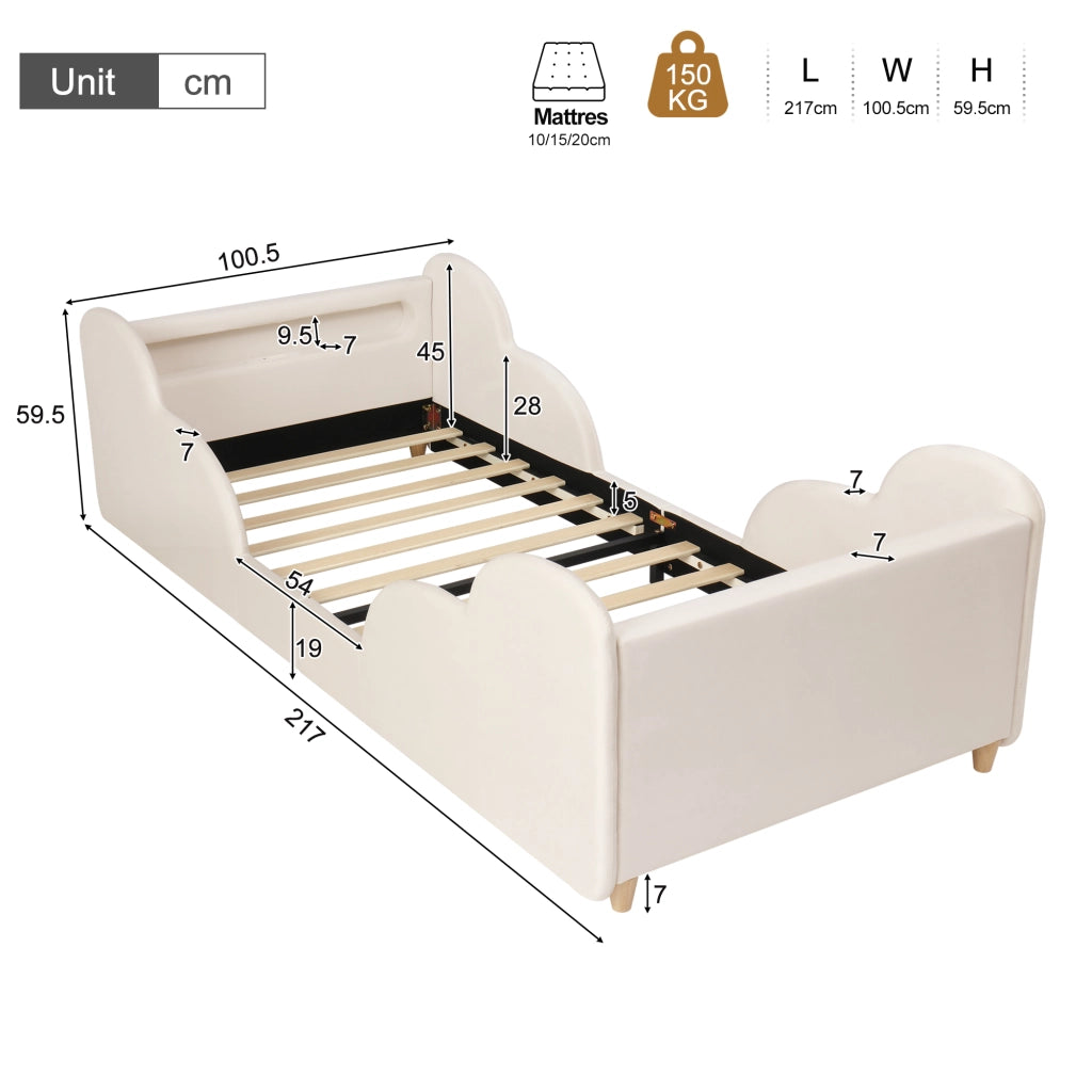 Letto singolo 90x200 cm in velluto beige con spondine imbottite, luci e porte USB, rete inclusa