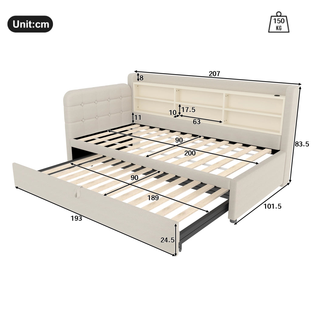 Letto estraibile singolo 90×200 cm e 90×189 cm con USB; Type-C e ripiani; senza materasso; lino; beige