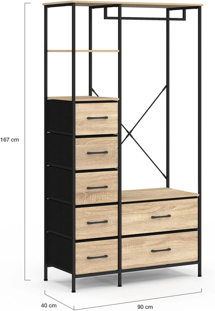 Armadio + colonna UTAH L. 90 cm con 2 ripiani e 7 cestini in legno e tessuto nero