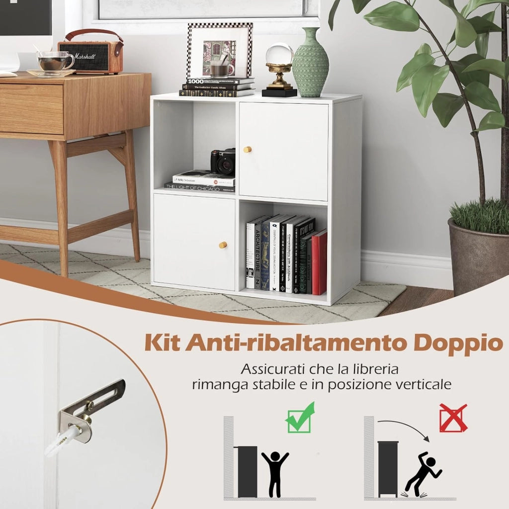 Libreria a 4 Cubi, Scaffale a 3 Piani con Doppio Kit Anti-Ribaltamento e 2 Armadietti, Organizzatore da Terra in Legno per Ufficio, Soggiorno e Camera da Letto, 60 x 29 x 60 cm