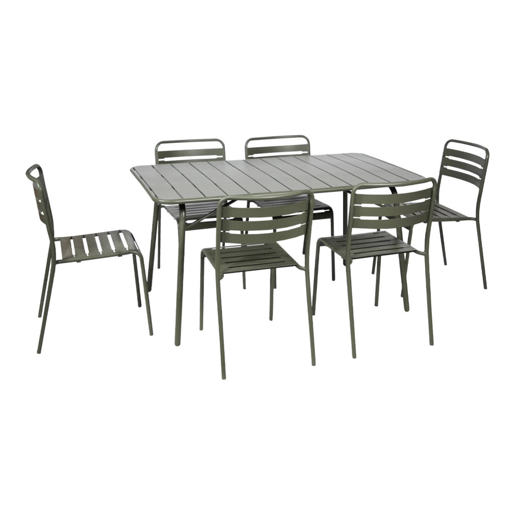 Set tavolo da giardino in acciaio con 6 sedie, 140cm, verde kaki