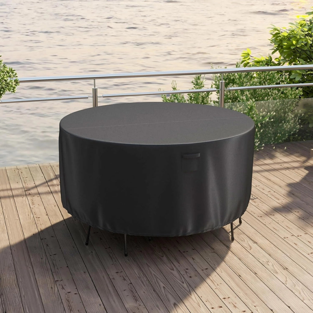 Copertura per Mobili da Giardino Rotonda da 158/183/213 CM, Copertura per Tavolo e Sedie da Esterno con Ventilazione, Fibbie e Coulisse, Impermeabile (L, Nero)