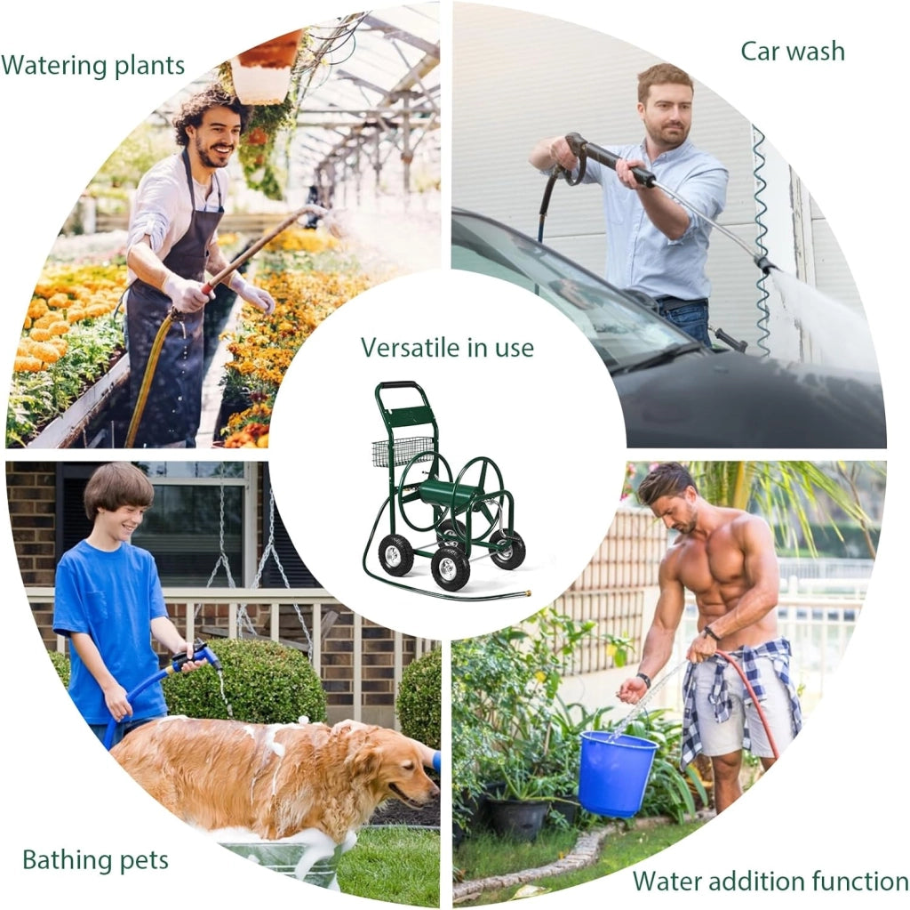 Carrello Avvolgitubo da Giardino, Avvolgitubo in Metallo con Cestino e 4 Ruote Pneumatiche, per Tubi da 5/8", Fino 80 Metri, 95 x 62 x 113 cm, Verde