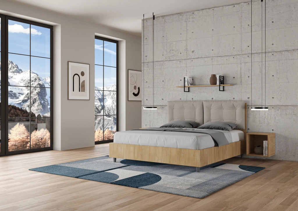 Letto Matrimoniale 160x190 cm con Rete e Contenitore Struttura Quercia con Cuscini in Similpelle Egos Annalisa Tortora