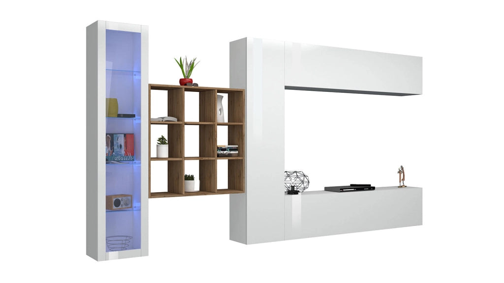 Parete Attrezzata Soggiorno 350x30x180 cm Maruska n°23 Bianco Lucido/Rovere Wotan