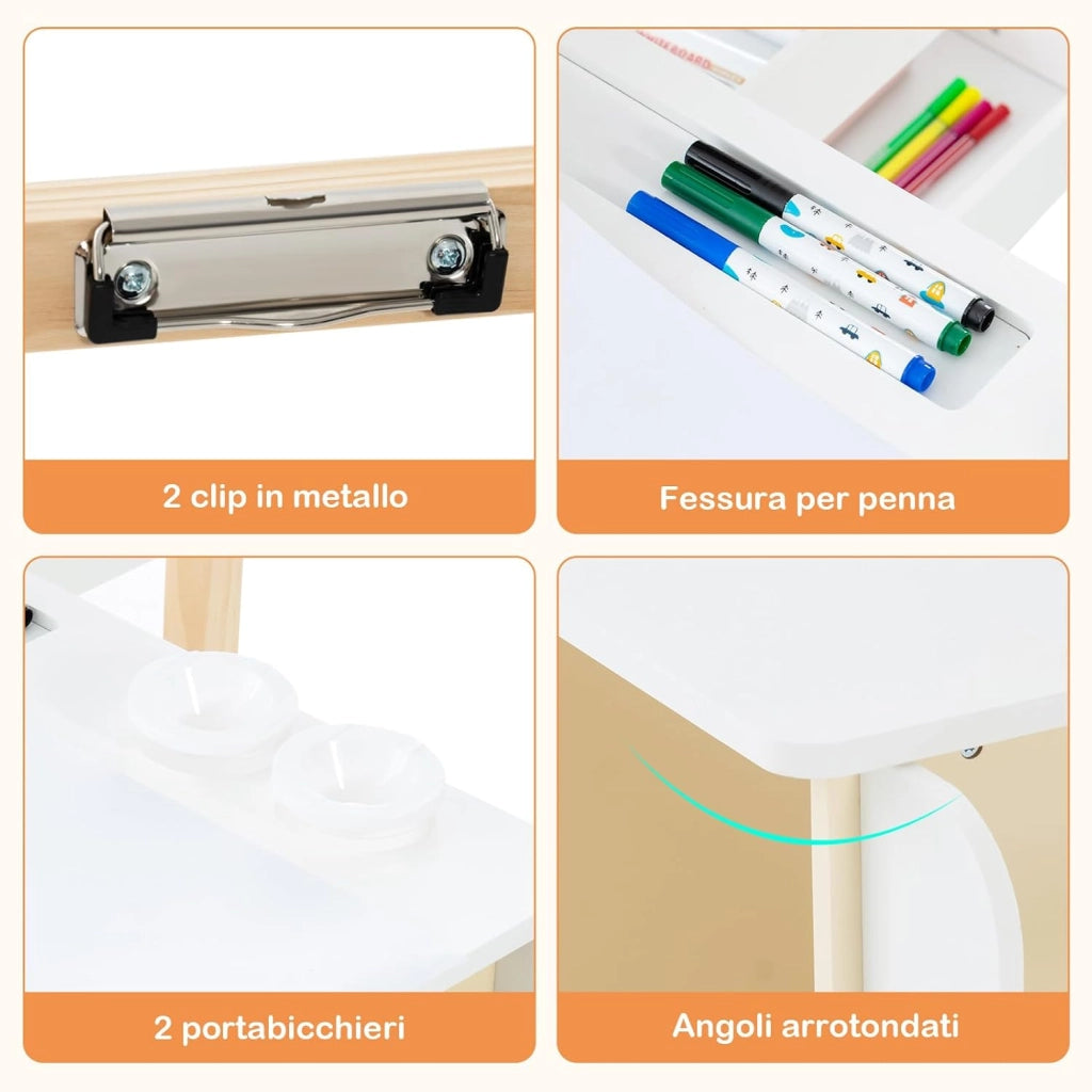 Set 3 in 1 Tavolo e Sedie per Bambini 3+ Anni, Tavolo in Legno Sicuro con Lavagna Cancellabile, Magnetica, Cavalletto Regolabile, Libreria e Accessori Artistici, Ideale per Disegno (Bianco)