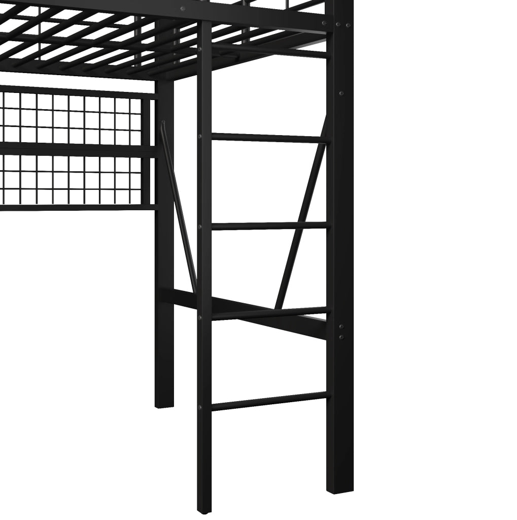 Letto a soppalco 140x200 cm in metallo e MDF nero con LED; ripiano e griglia portaoggetti