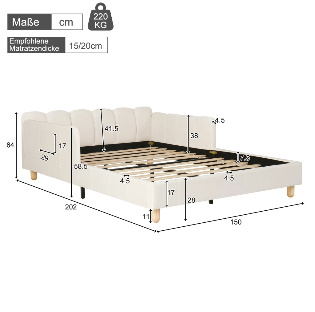 Letto per bambini 140x190 cm in velluto beige con testiera ergonomica e tasche laterali
