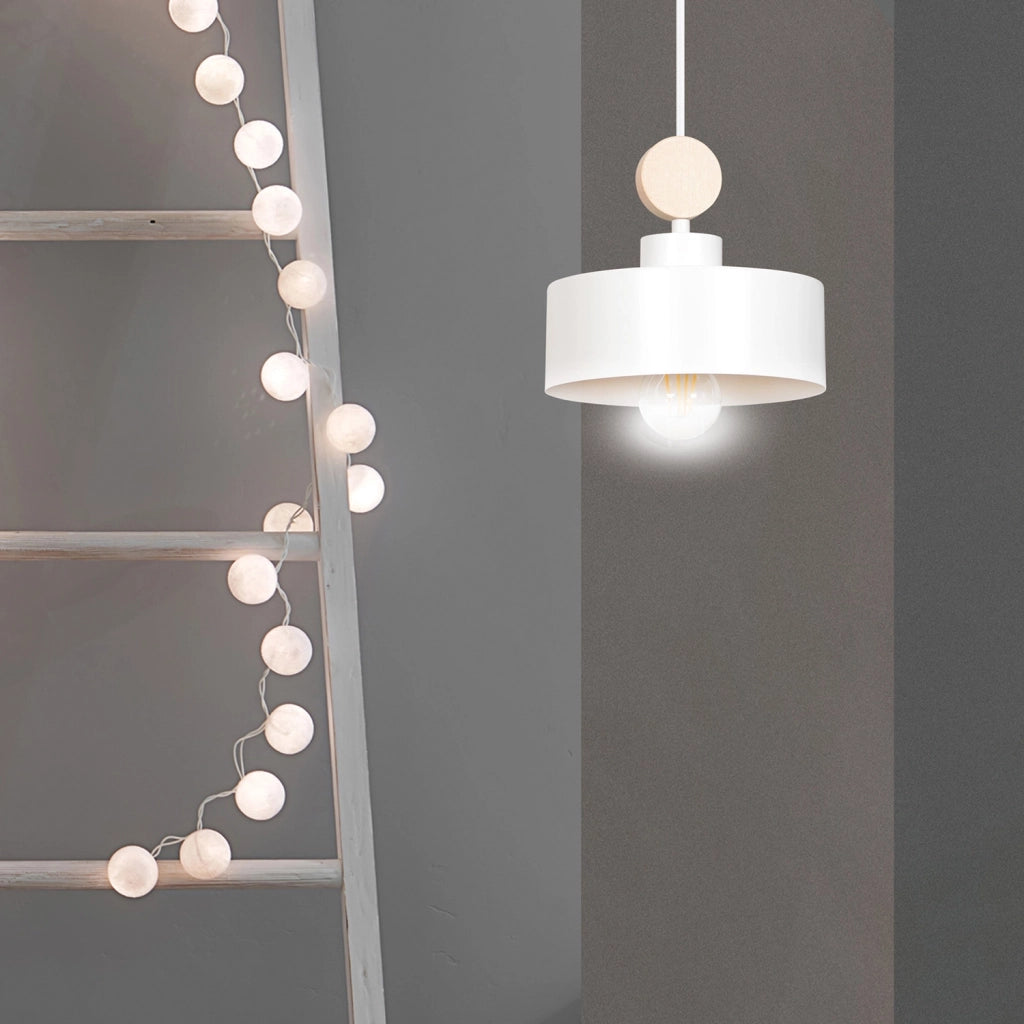 Sospensione 1 Luce Zhurong In Acciaio Bianco E Legno Naturale