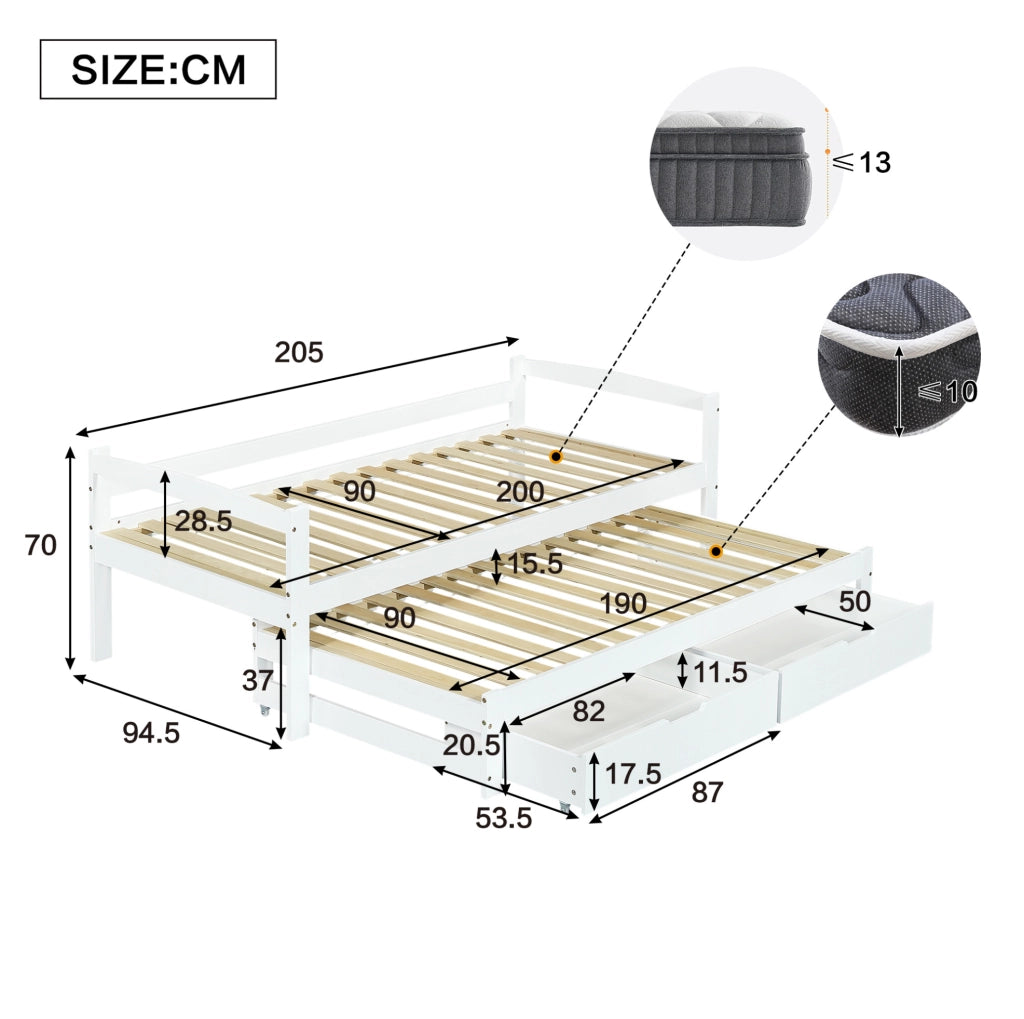 Letto multifunzione con letto estraibile, 2 cassetti e struttura in legno bianco
