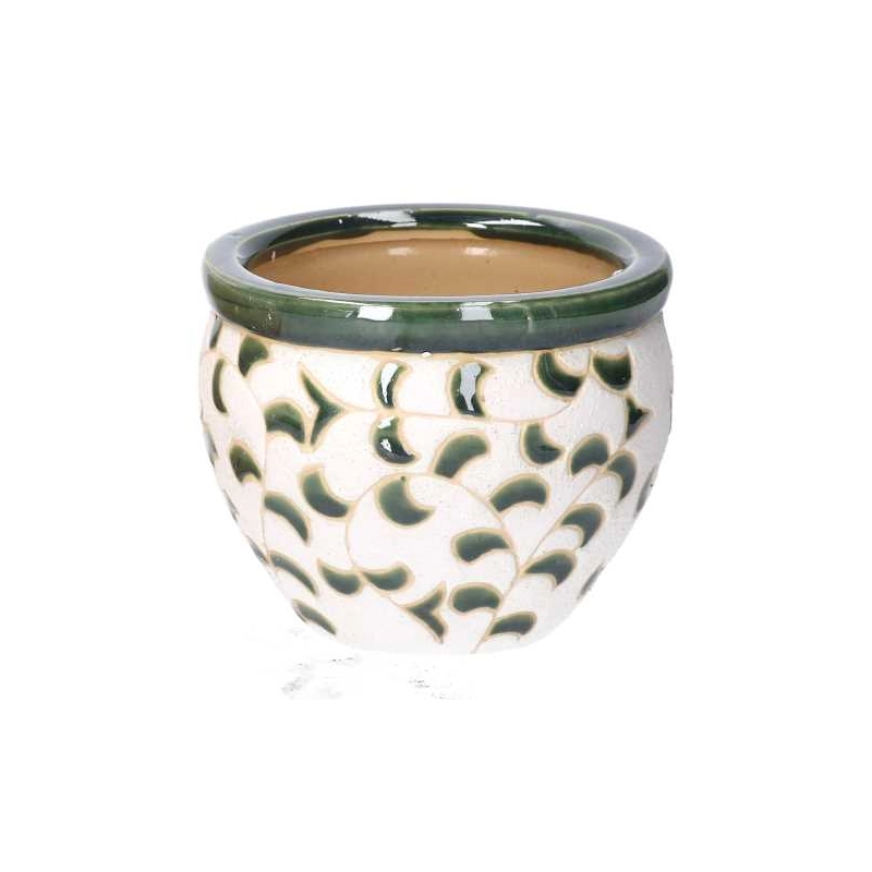 Coprivaso ceramica 1-3 bianco verde c/foglie cmø30h21