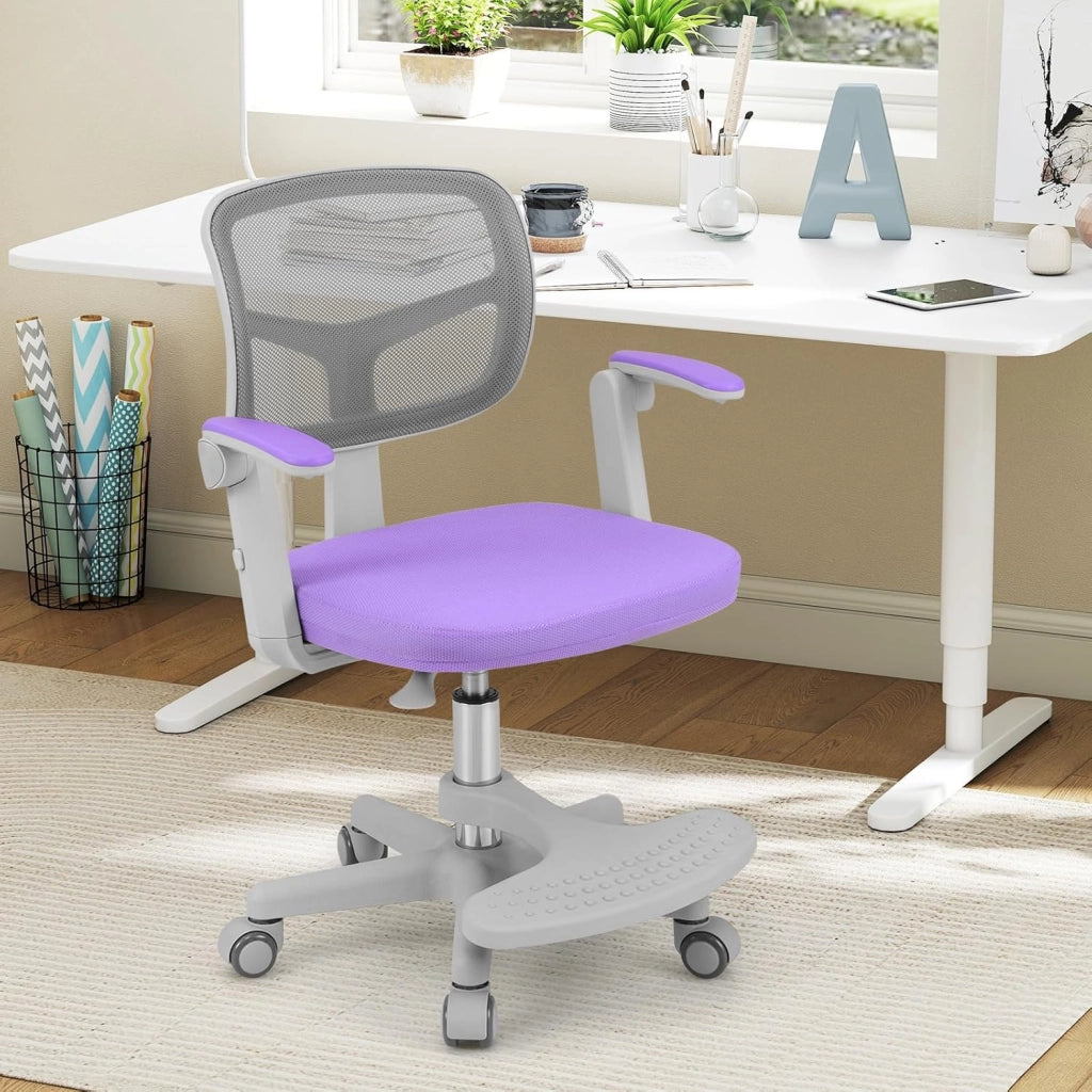 Sedia da Scrivania Bambini Girevole, Altezza Regolabile, Sedia da Studio per Ragazzi con Braccioli a Ribalta e Poggiapiedi, Poltrocina in Rete per Bambini 3-15 Anni, Portata 150 kg (Viola)