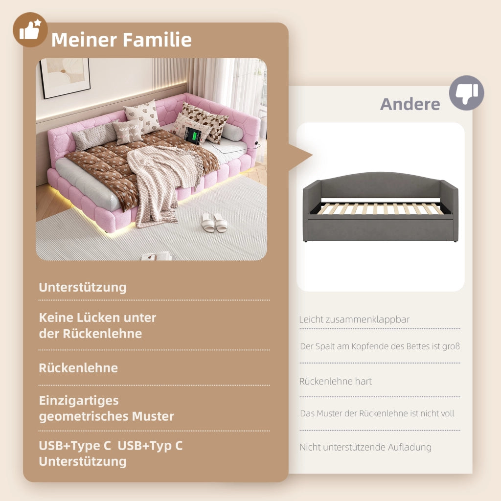 Letto singolo 90×200 cm con LED regolabile; USB; Type-C e rete; senza materasso; velluto; rosa