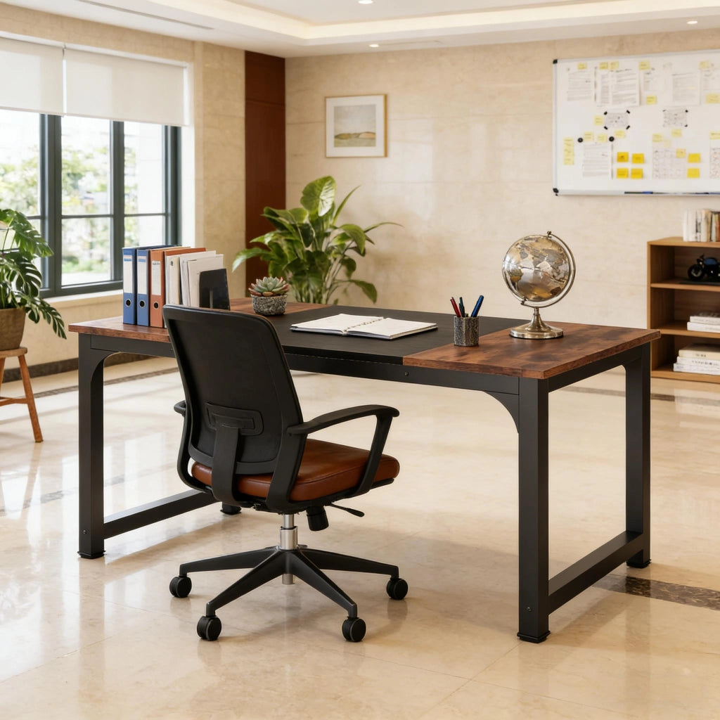 Scrivania lineare da ufficio in legno e metallo, superficie resistente all’acqua, per riunioni e home office, nero e marrone rustico