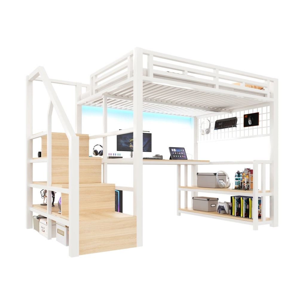 Letto a soppalco 140x200 cm con scrivania, ripiani, LED e prese USB
