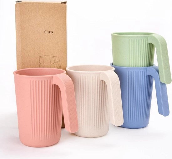 Set di bicchieri in plastica, 4 bicchieri, 350 ml, bicchiere con manico, bicchieri resistenti agli urti, riciclabili, bicchieri per bambini e adulti, bicchieri colorati in plastica per caffè, tè, BPA libero