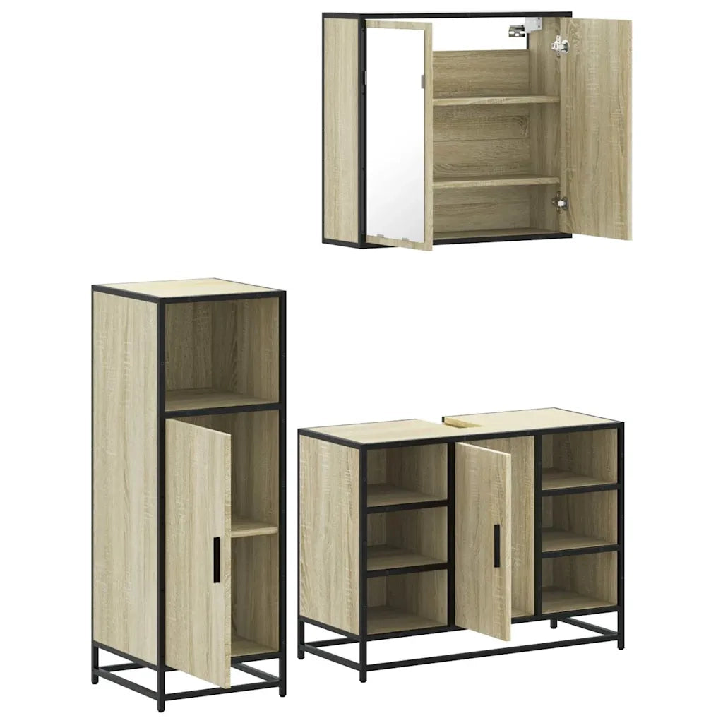 Set Mobili da Bagno | Armadio da bagno 3 pz Rovere Sonoma in Legno Multistrato