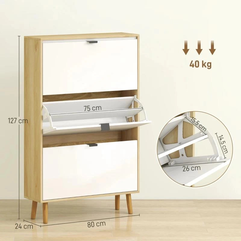 SCARPIERA SLIM MODERNA CON 3 CASSETTI RIBALTABILI PER 24 PAIA DI SCARPE, 80X24X127 CM, BIANCO