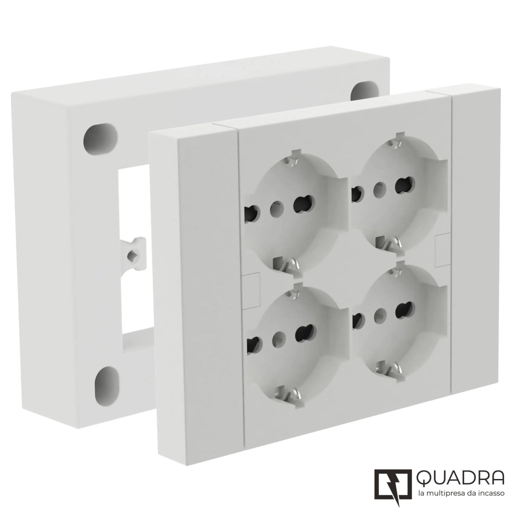 MULTIPRESA da parete ESTERNA  4 PRESE schuko bianca con scatola di supporto per installazioni superficiali, compatibile con tutte le scatole da incasso 3 posti (muratura o cartongesso)