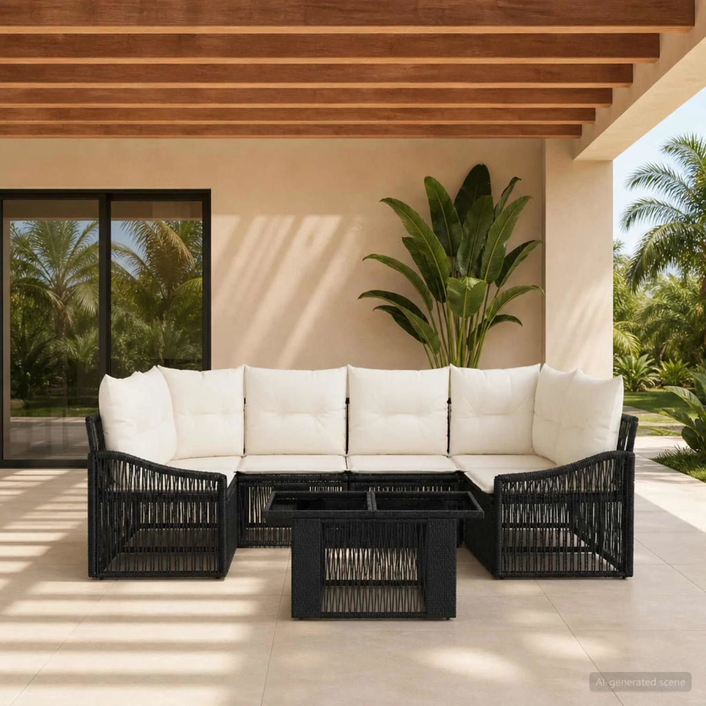 Set Divano da Giardino 7 pz Nero e Bianco Crema polyrattan 3437209