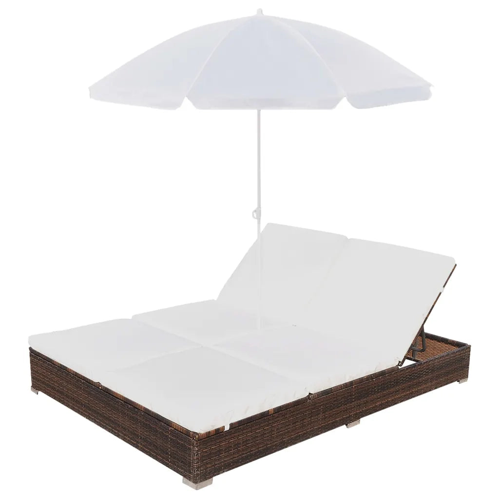 Lettino Prendisole | Sdraio da giardino | Lettino da sole con Ombrellone in Polyrattan Marrone